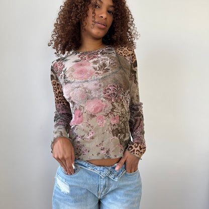 Vintage French mesh long sleeve top with floral, paisley & leopard print S