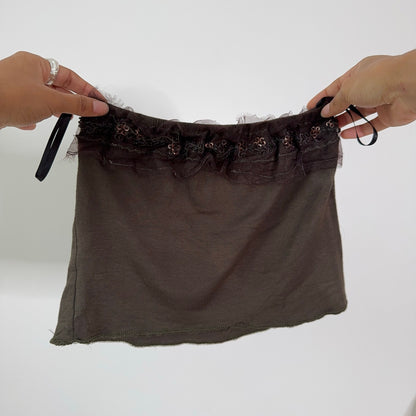 Vintage Brown Strapless Slinky Tube Top Beaded Mesh Trim Y2K Italy (S)