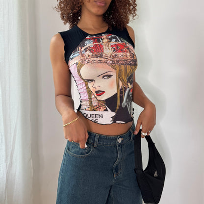 Vintage Graphic Rhinestone Tank Top Y2K Pop Art Queen Top (S) ⠀