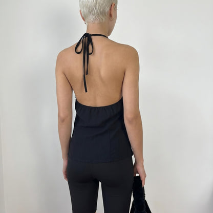 Vintage Black Beaded Halter Top Open Back Y2K Cotton Top (S)