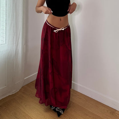 Vintage Burgundy Mesh Maxi Skirt Sheer Layer Y2K Italian Skirt (S) ⠀