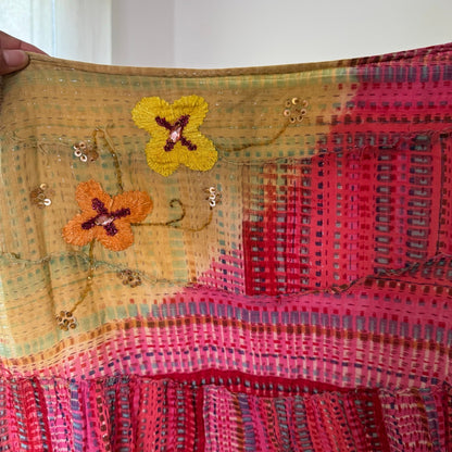 Vintage Yellow Pink Patchwork Handkerchief Maxi Skirt Italian Deadstock (S)