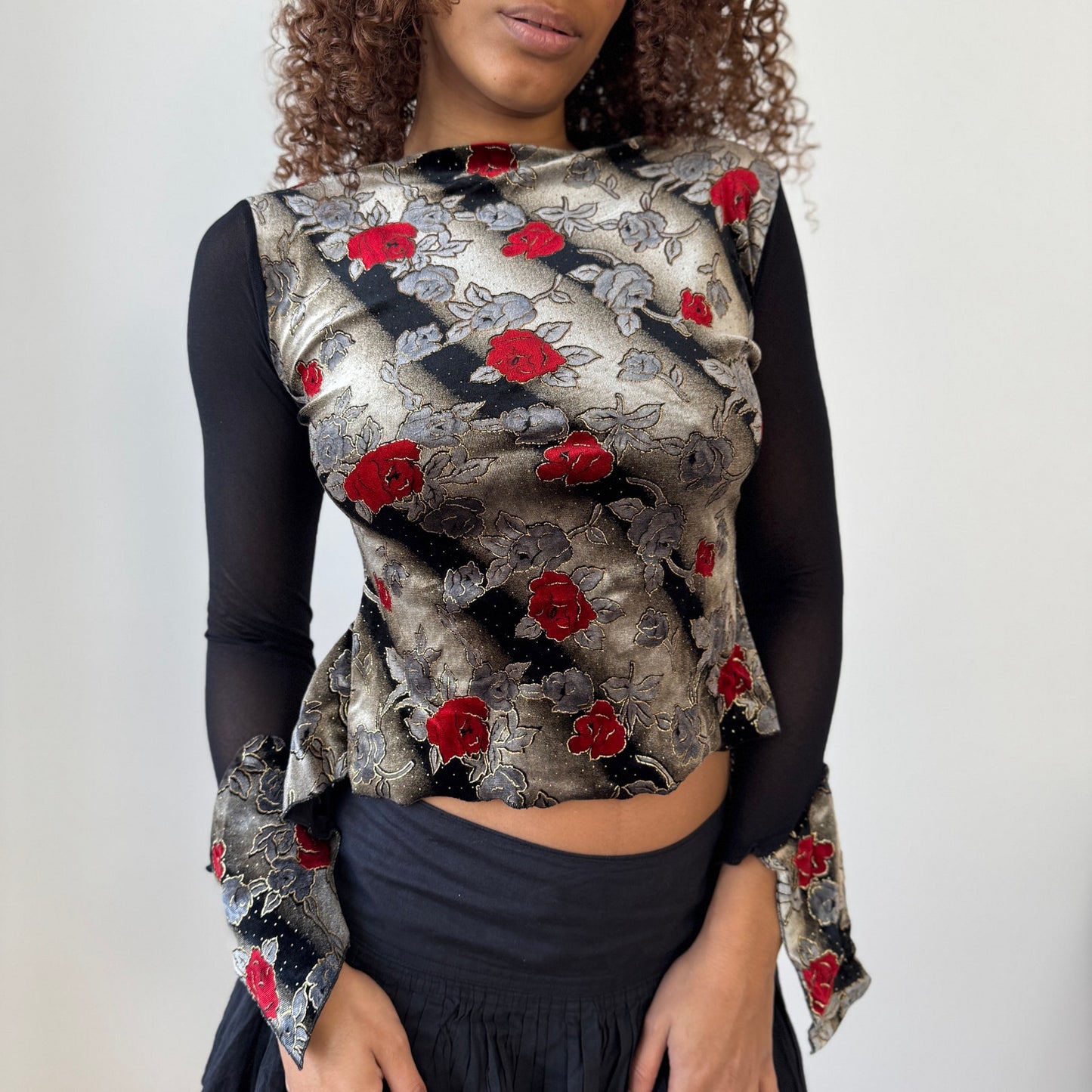 Vintage Italian Y2K Gold & Red Floral Brocade Mesh Long Sleeve Top (Small)