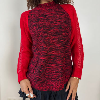 Vintage Euro Red Black Marled Mock Neck Knit Sweater with Lace Sleeve Detail S/M