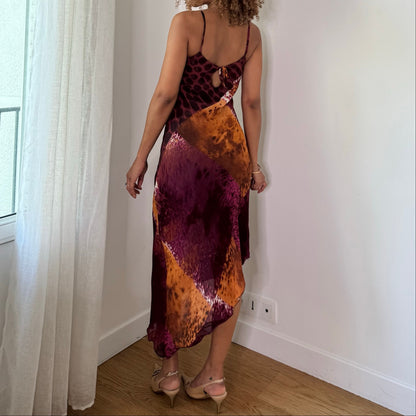 Vintage Burgundy Animal Print Mesh Midi Dress Double Layer Italian Y2K (S)