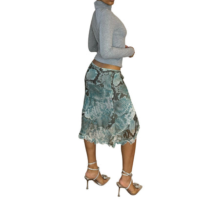 Vintage 90s Animal Print Blue Mesh Midi Skirt with Ruffle Trim (S)