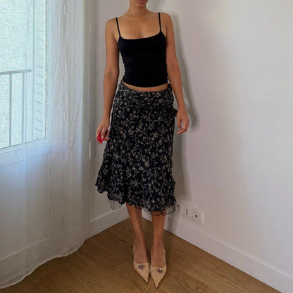 Vintage Italian Black Floral Wool Ruffle Midi Skirt (S)