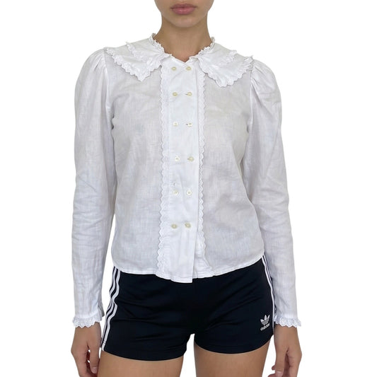 Vintage White Cotton Blouse Peter Pan Collar Lace Trim 90s (S/M)