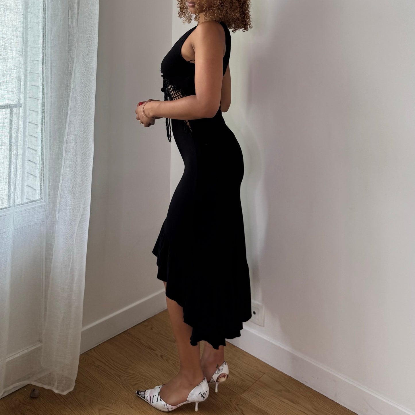 Vintage Black Crochet Cutout Ruffle Midi Dress Italian Y2K (S)