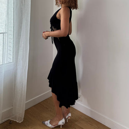 Vintage Black Crochet Cutout Ruffle Midi Dress Italian Y2K (S)
