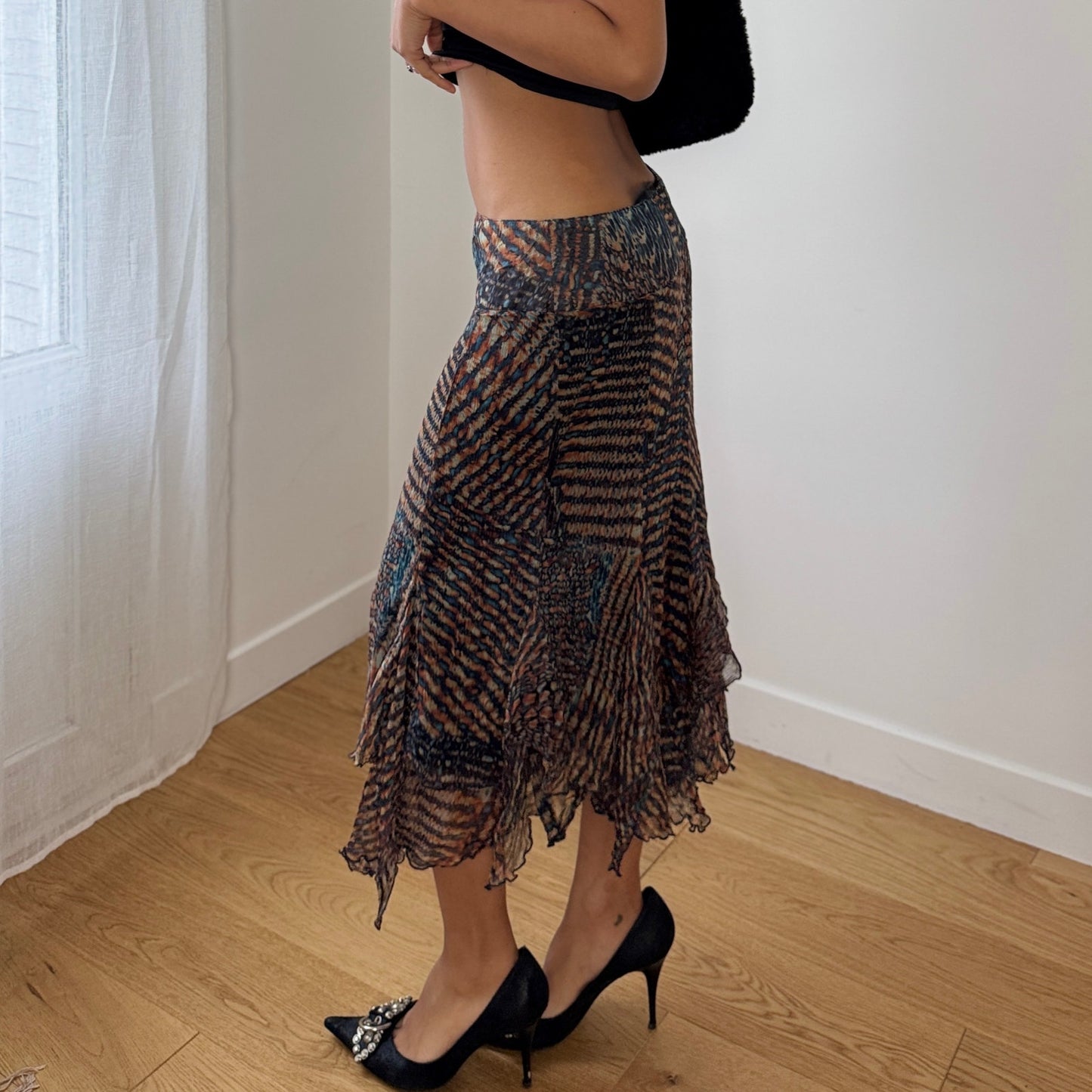 Vintage Italian Silk Mesh Midi Skirt Abstract Animal Print Ruffle Hem (S)