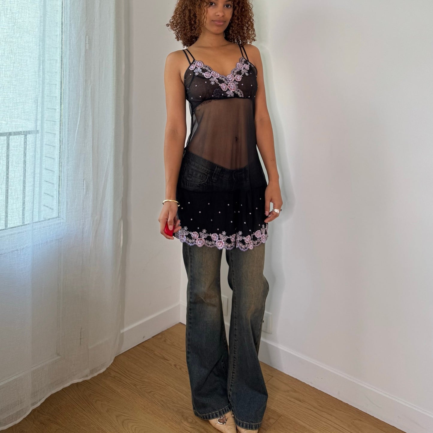Vintage Black Pink Floral Embroidered Sheer Mesh Babydoll Cami Top (S/M)