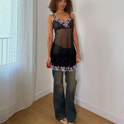 Vintage Black Pink Floral Embroidered Sheer Mesh Babydoll Cami Top (S/M)