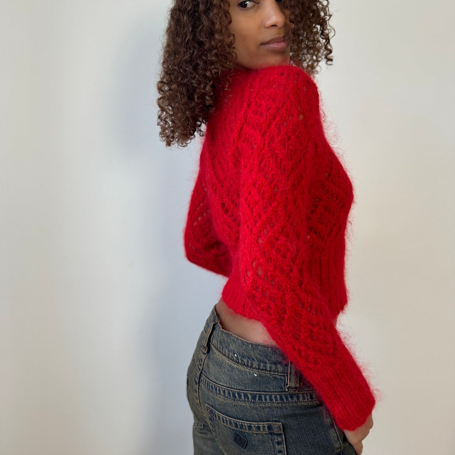 Italian Vintage 90s Red Mohair Wool Cropped Cardigan Open Knit (XS/S)