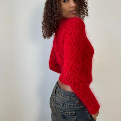 Italian Vintage 90s Red Mohair Wool Cropped Cardigan Open Knit (XS/S)