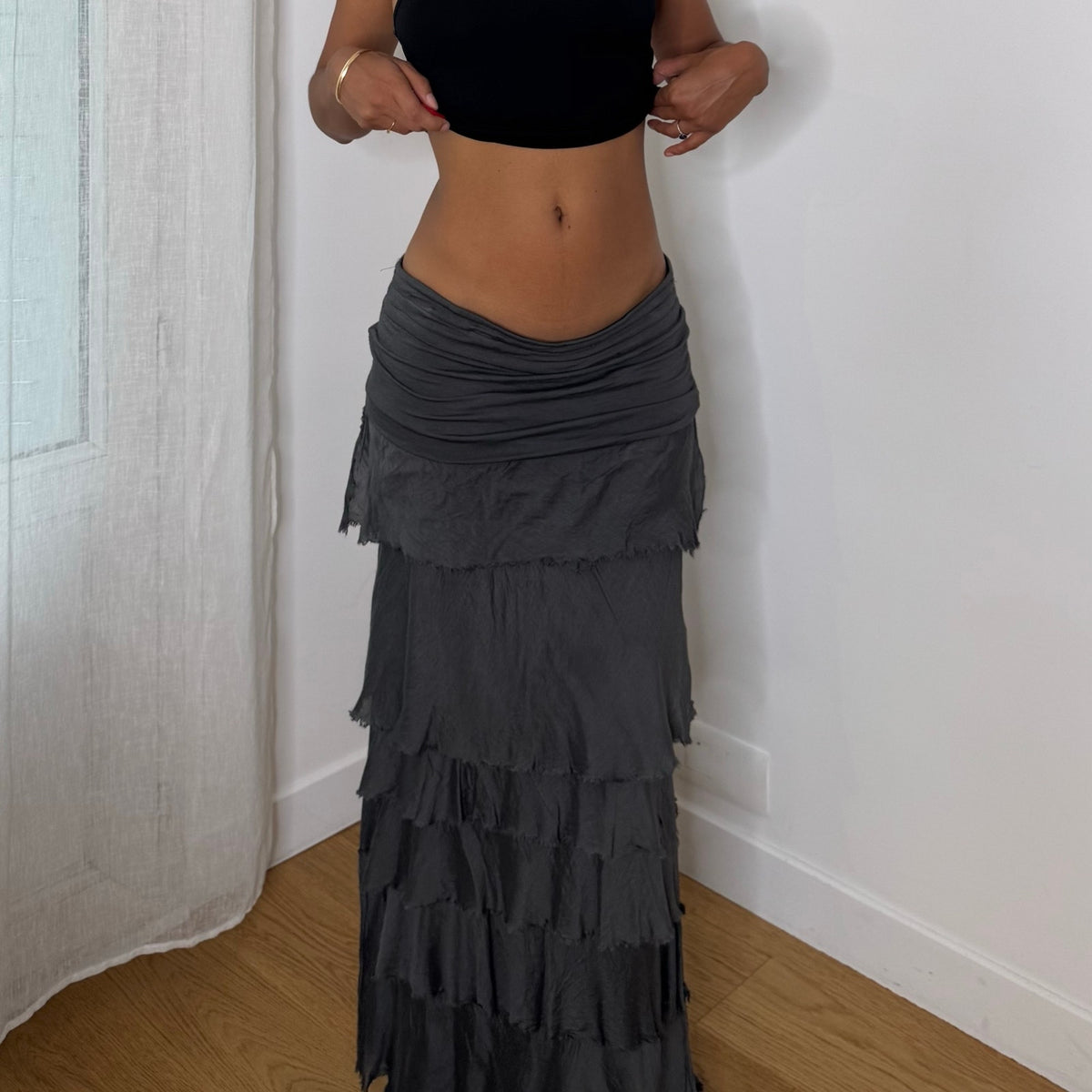 Italian vintage Y2K charcoal grey tiered maxi skirt with silk mesh ruffles and ruched waist