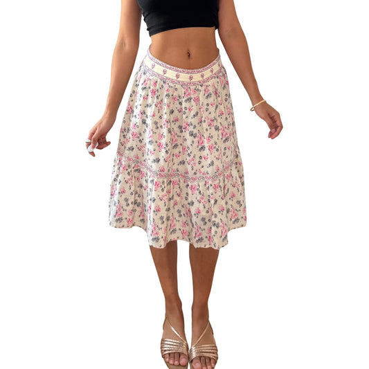 Vintage Cream Floral Silk Tiered Skirt Embroidered Beaded Waistband Y2K (XS/S)