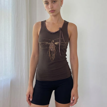 Vintage Brown Embellished Dragonfly Tank Top Lace Back Y2K (S)