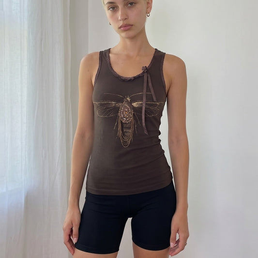 Vintage Brown Embellished Dragonfly Tank Top Lace Back Y2K (S)