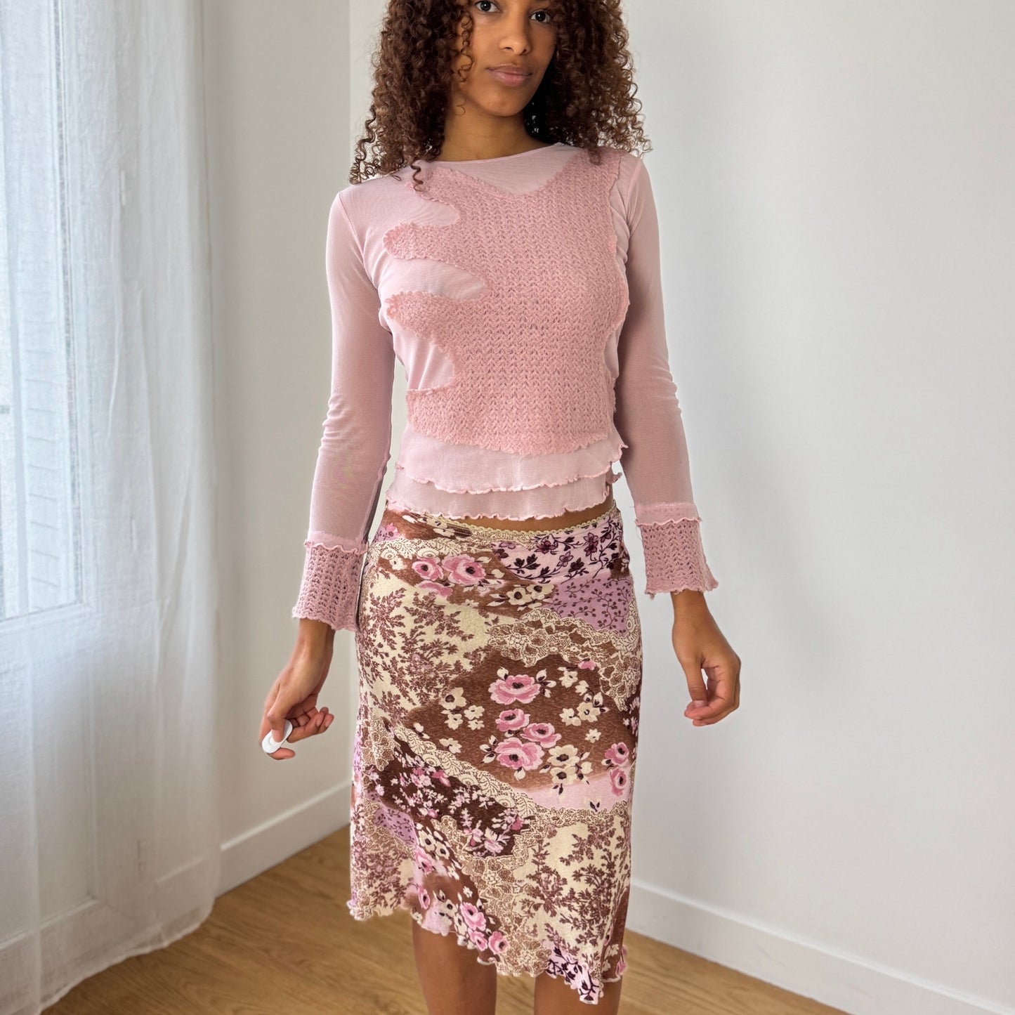 Euro Vintage Italian Pink Mesh & Knit Patchwork Top (Small)