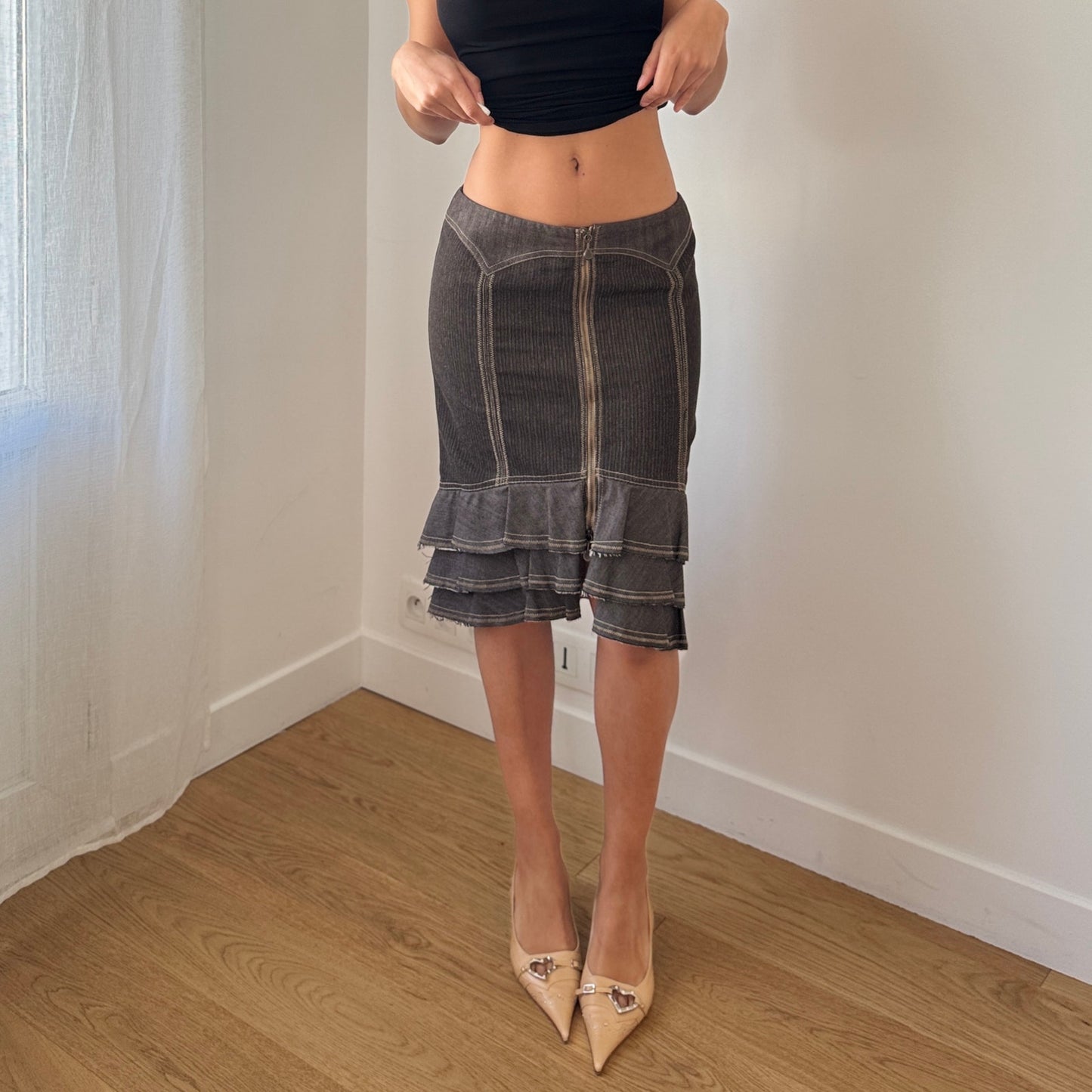 Vintage Euro Denim Midi Skirt Contrast Stitch Ruffle Hem (S)