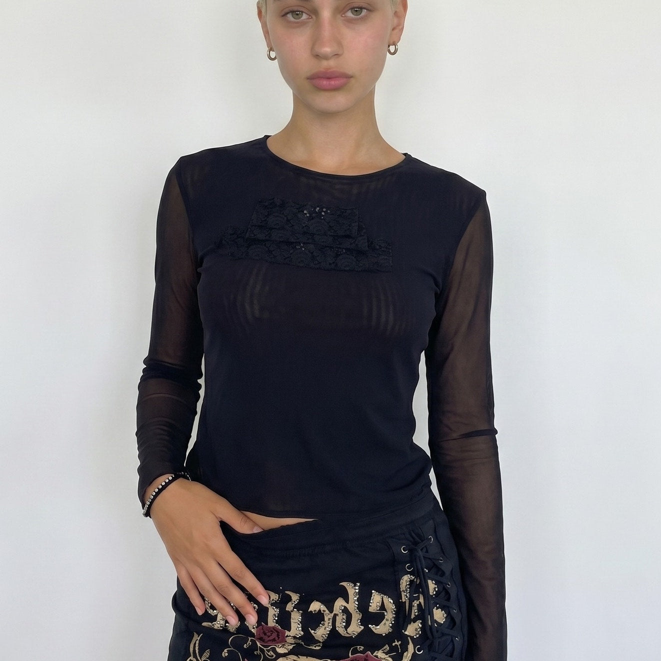 Vintage Euro Lace Mesh Top Rhinestone Sheer Y2K Long Sleeve (S/M)