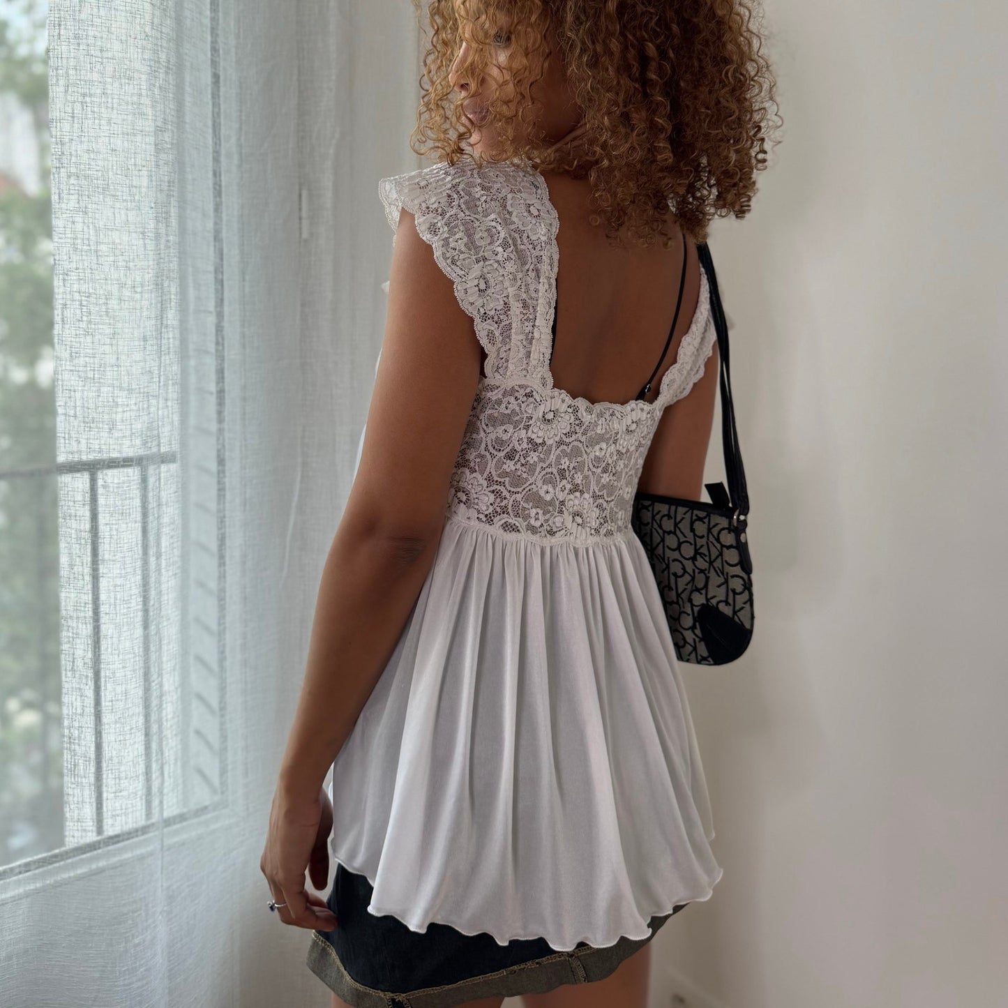 Vintage White Lace Babydoll Top Cap Sleeve Empire Waist Italian Y2K (S)