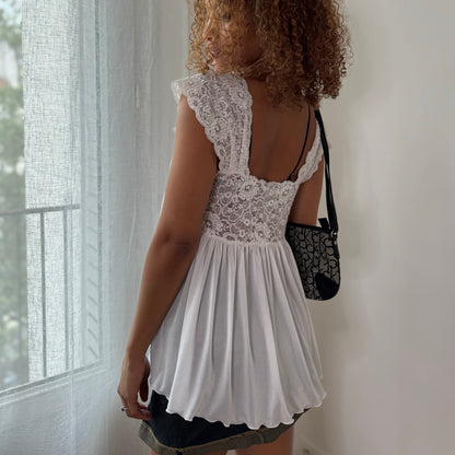 Vintage White Lace Babydoll Top Cap Sleeve Empire Waist Italian Y2K (S)