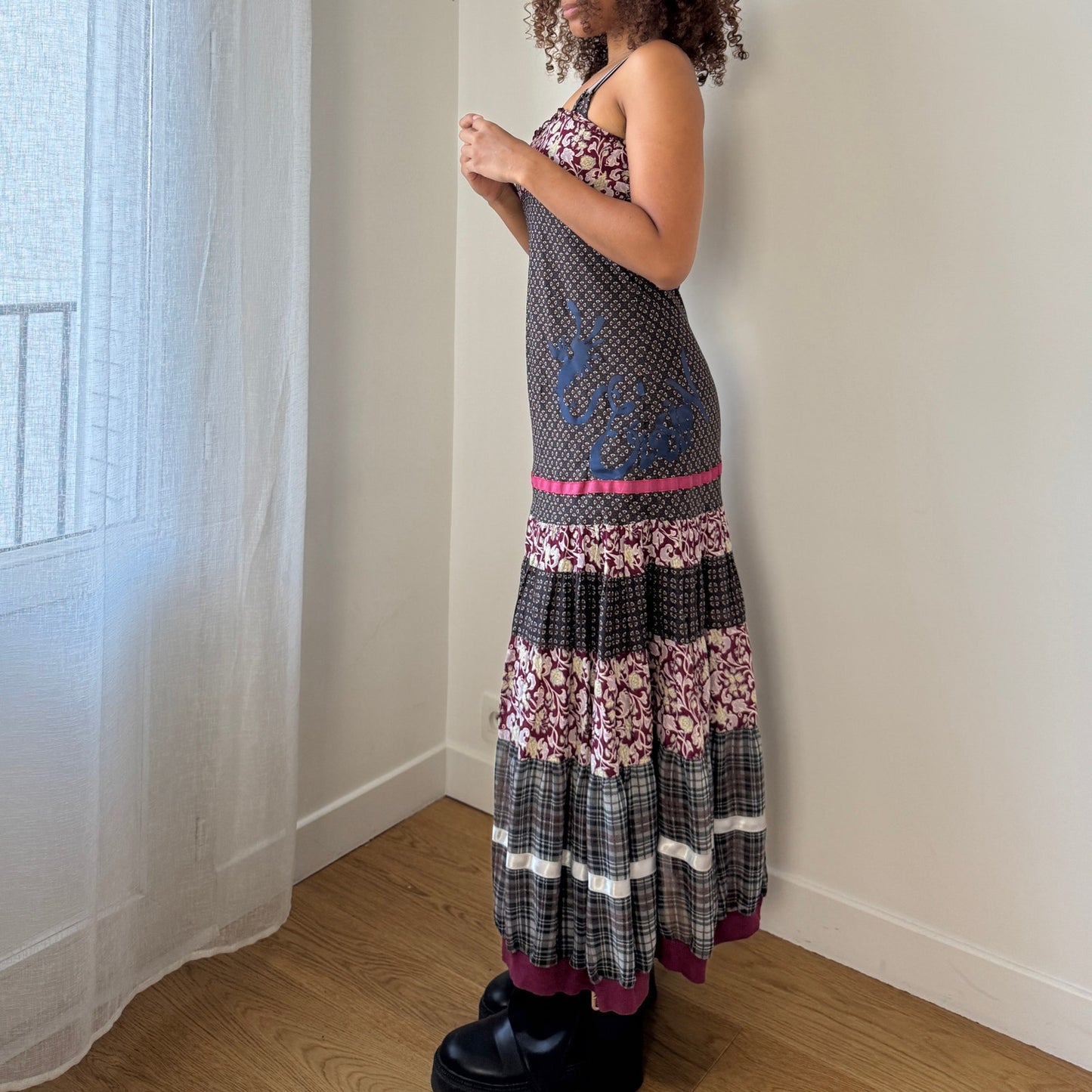 Vintage Cop Copine patchwork print cotton maxi dress with cross back (Small)