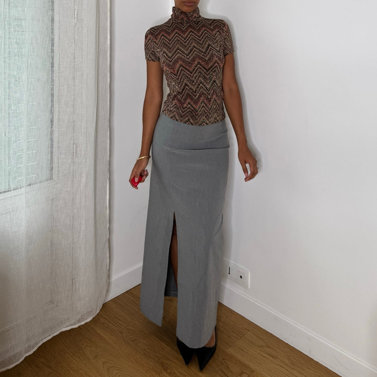 Italian Vintage Grey Low Rise Maxi Skirt with Front Slitsk
