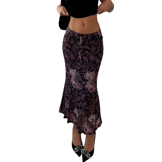 Vintage Purple Floral Mesh Midi Skirt Lace Print Italy Y2K (S) ⠀