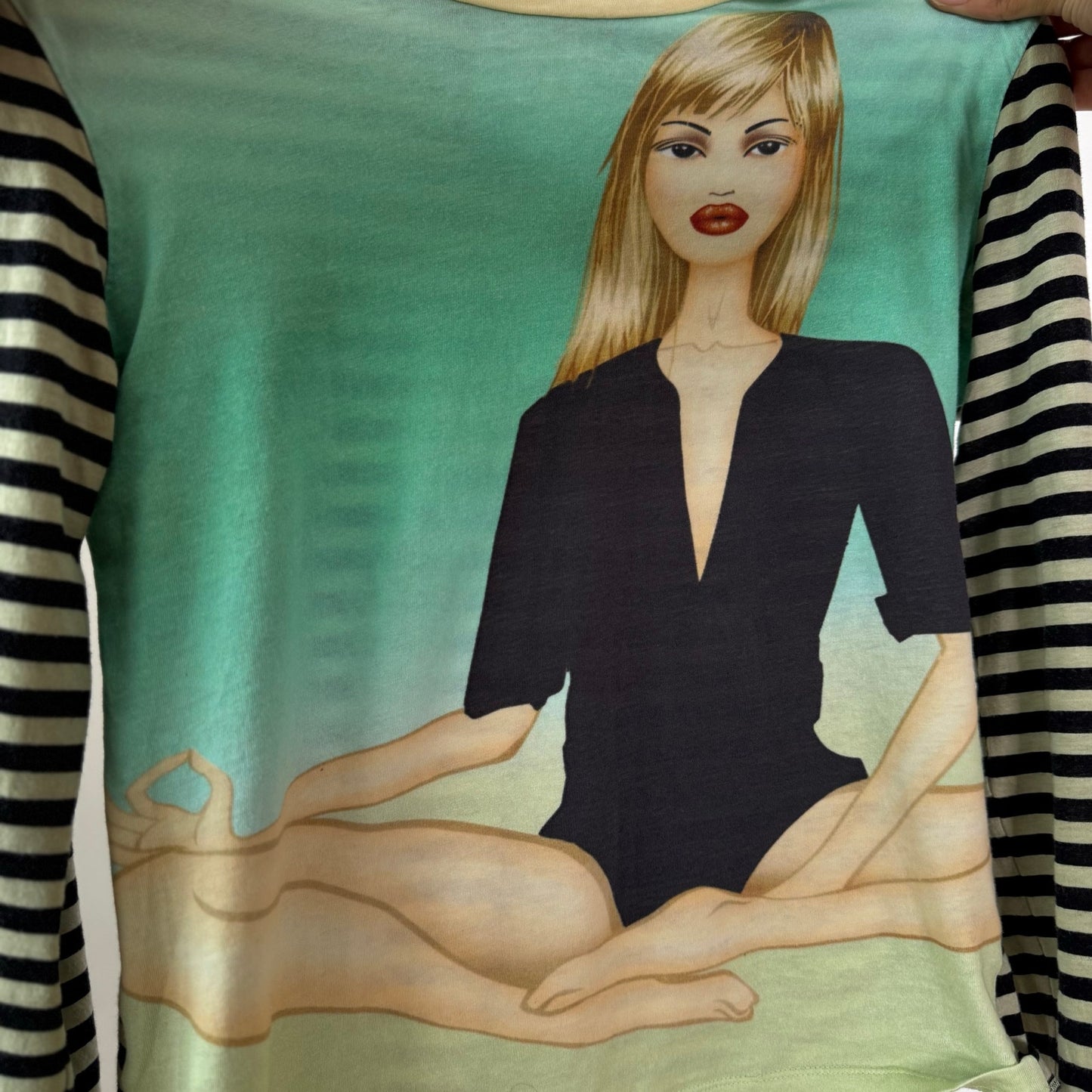 Vintage Custo Barcelona Aqua Black Striped Graphic Long Sleeve Top Y2K (S)