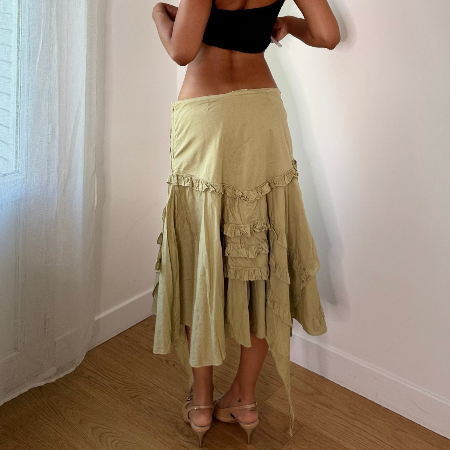 Vintage Sage Green Sequins Floral Asymmetrical Midi Skirt Y2K (S/M)