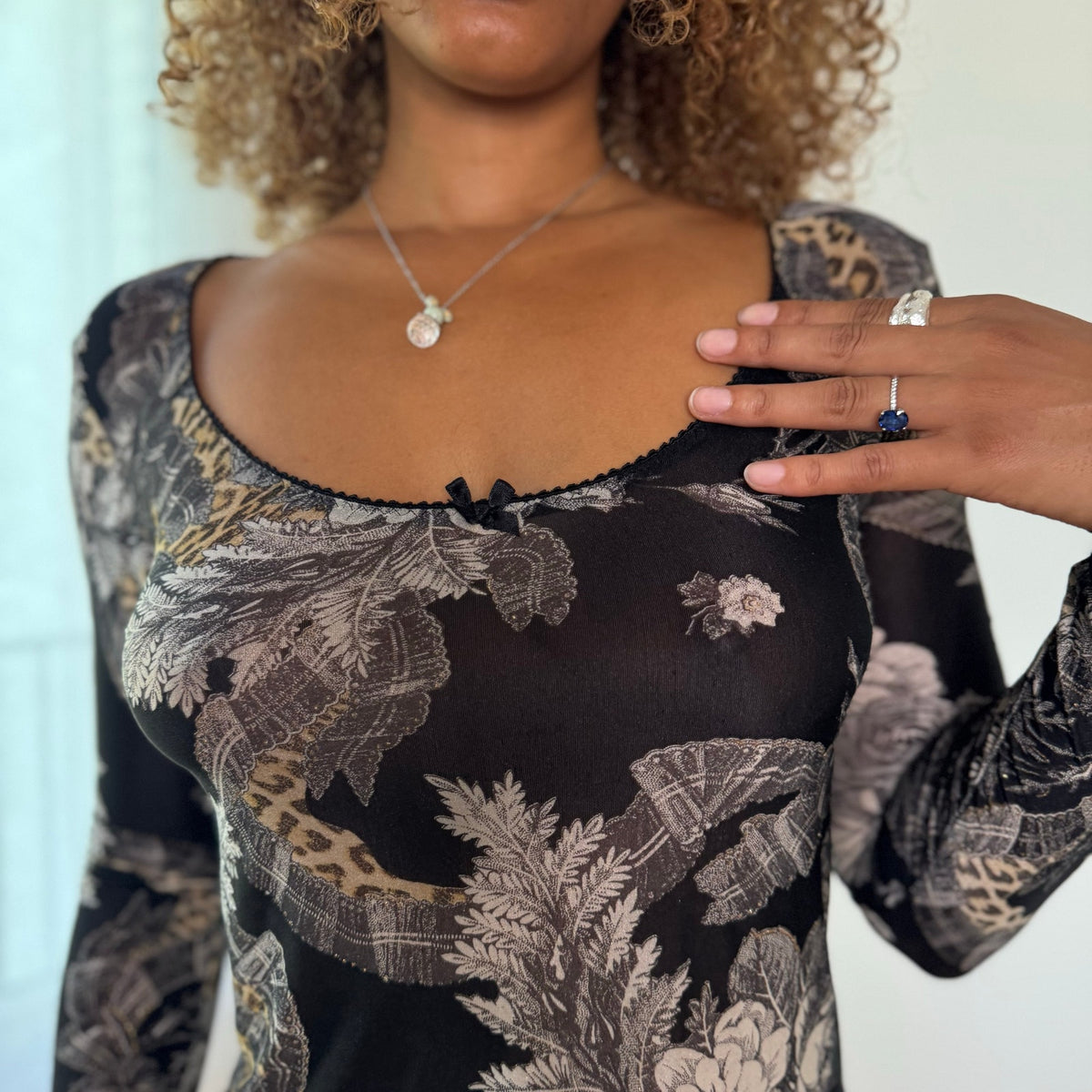 Vintage Italian Floral & Cheetah Slinky Long Sleeve Top (S)