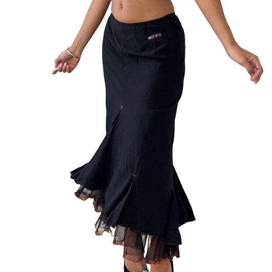 Vintage French black mermaid midi skirt with layered mesh ruffle hem and red contrast stitching (XS)