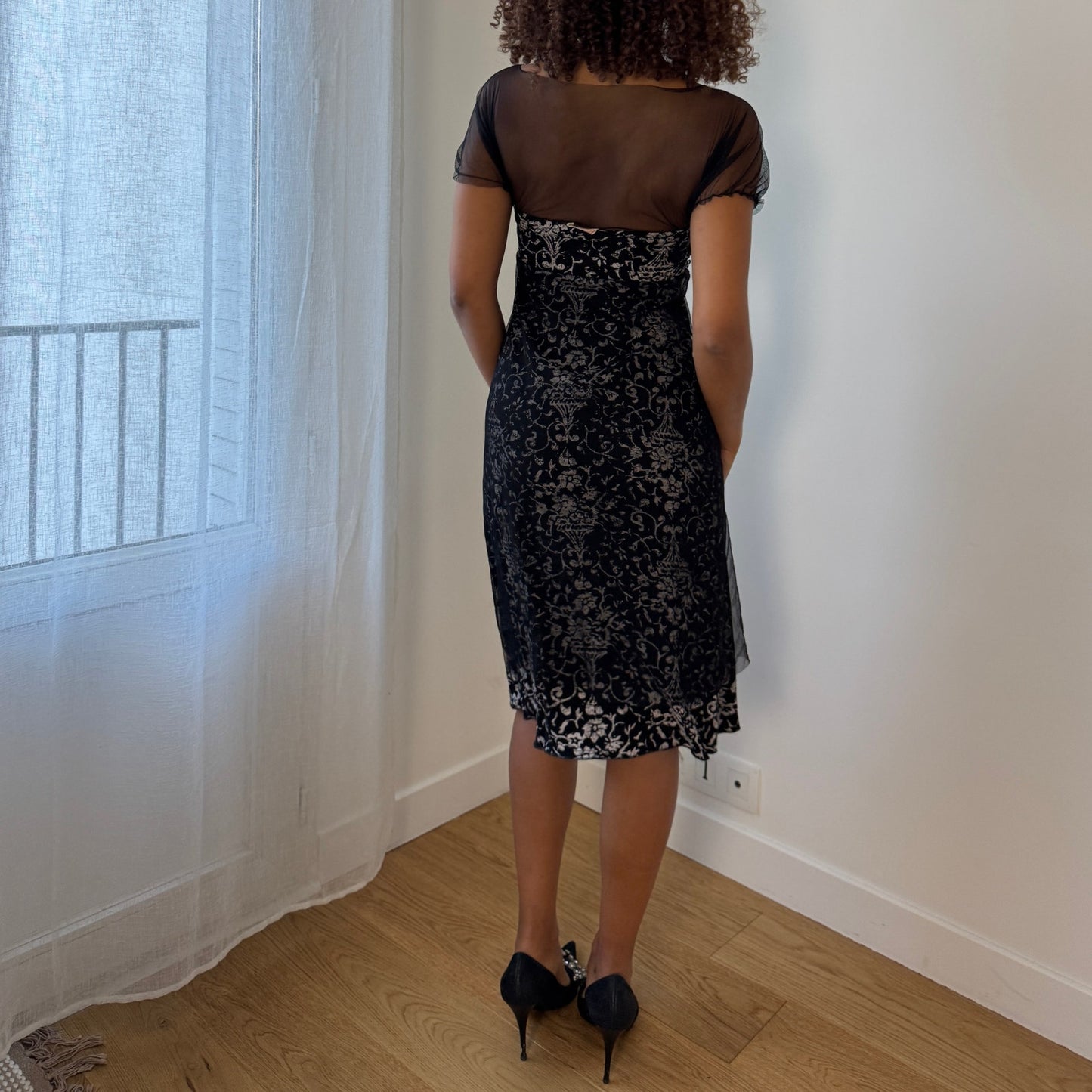 Vintage Italian Mesh Overlay Midi Dress (S)