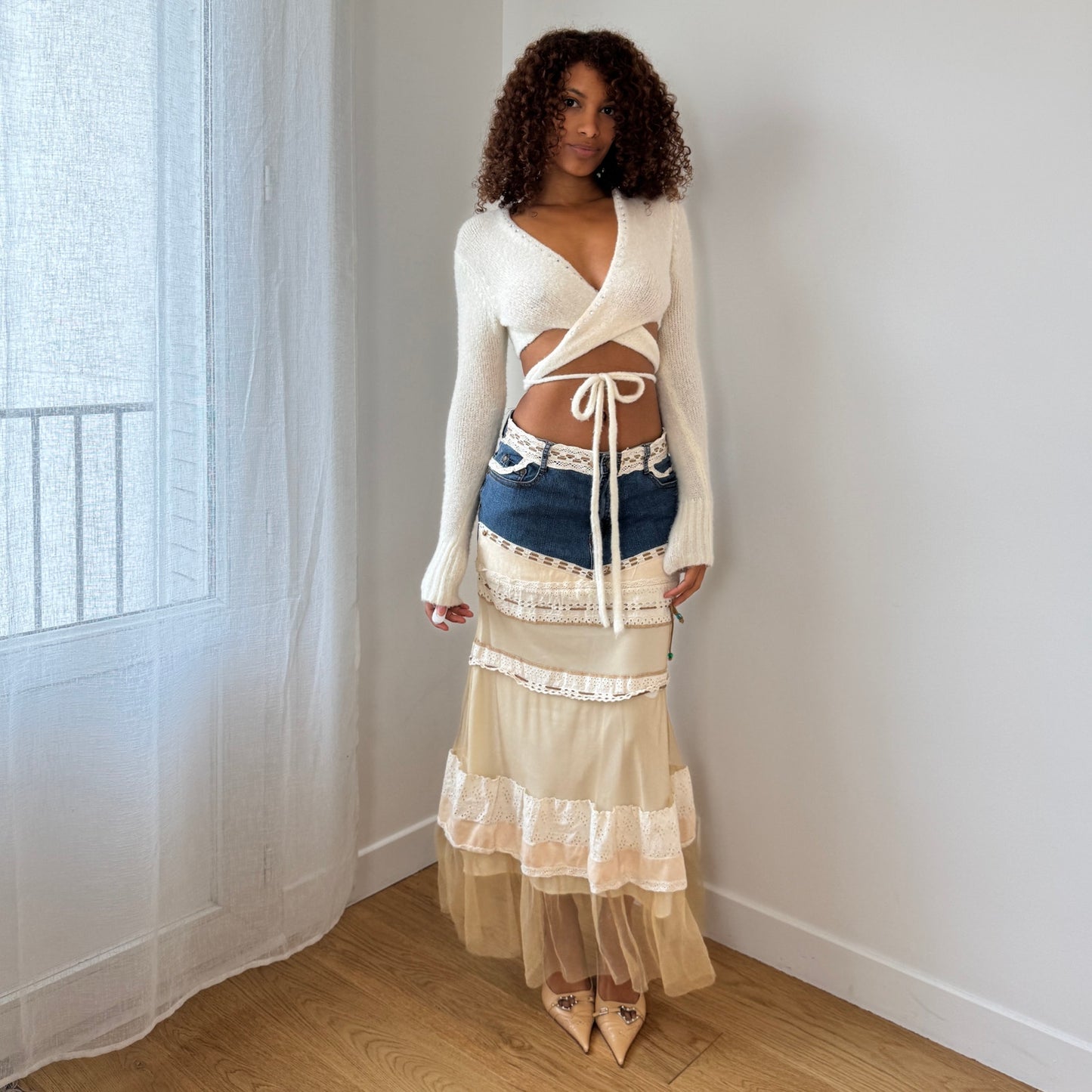 Vintage French denim and lace patchwork low-rise maxi skirt (Small)