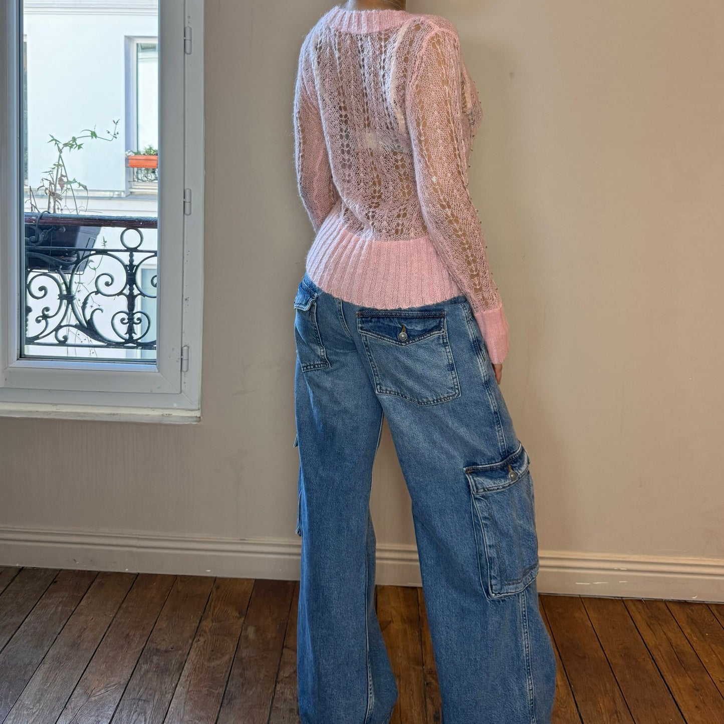 Vintage pink knit sweater with sequins detailing (S/M)