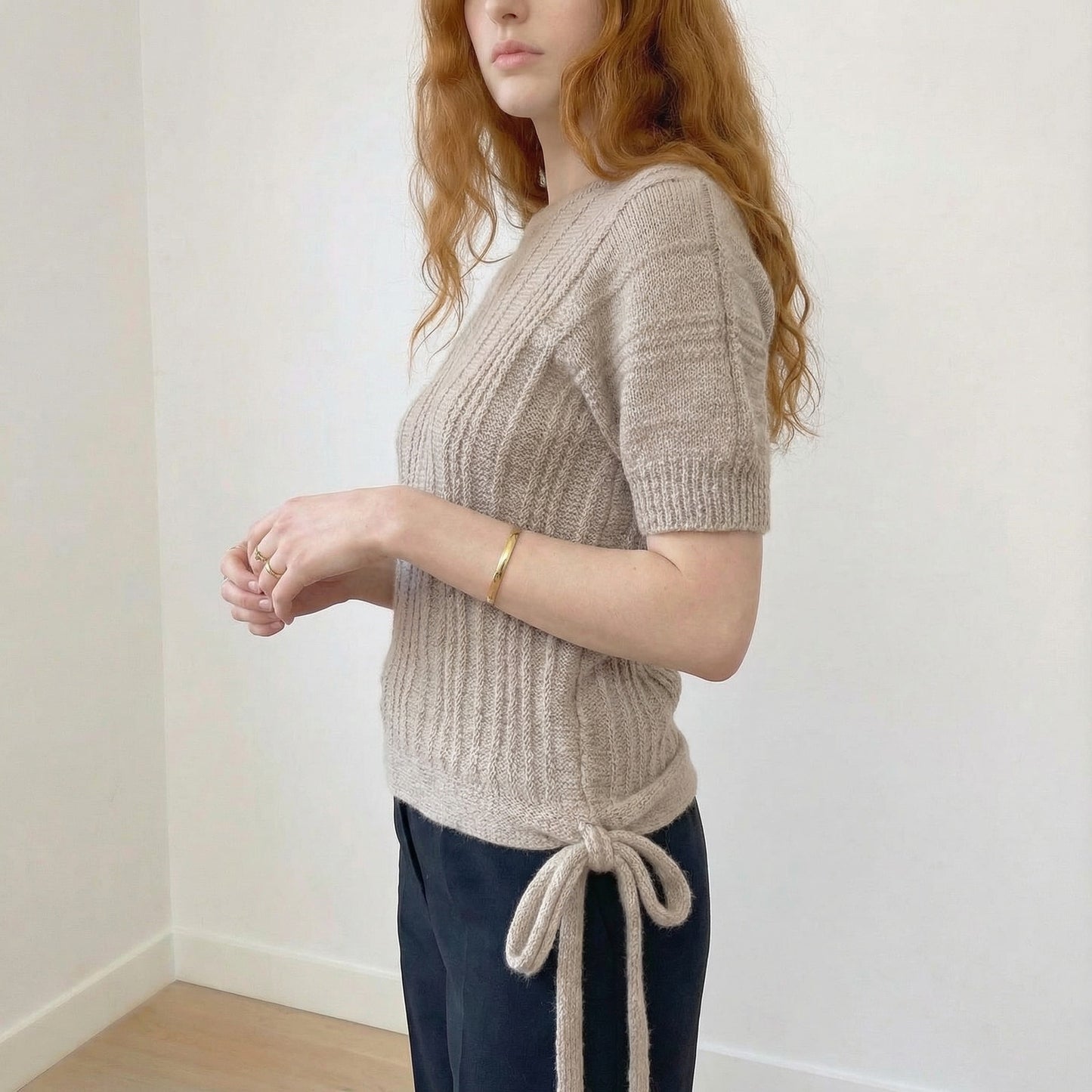 Vintage Italian Beige Mohair Blend Knit Top Short Sleeve Textured Fitted (M)