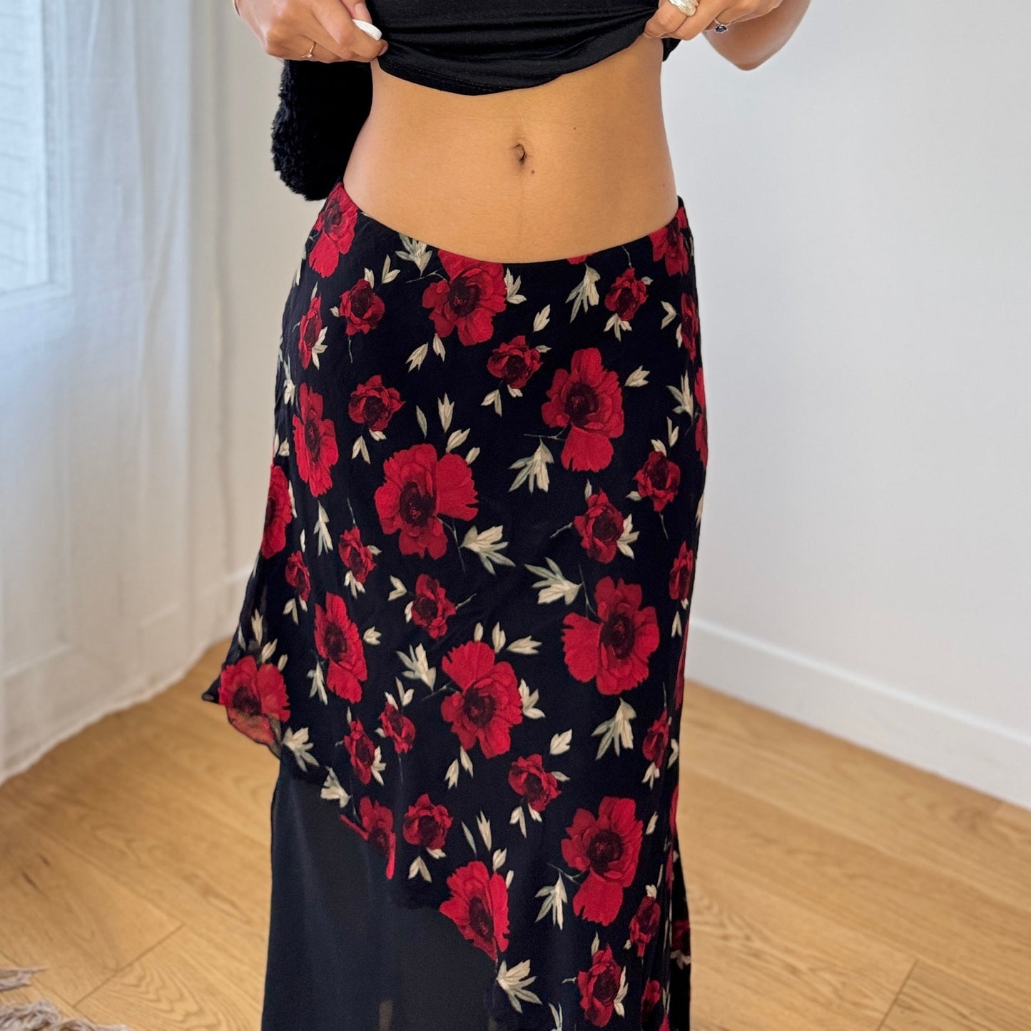 Vintage Italian Black Red Rose Mesh Midi Skirt Asymmetrical Sheer Hem (S)