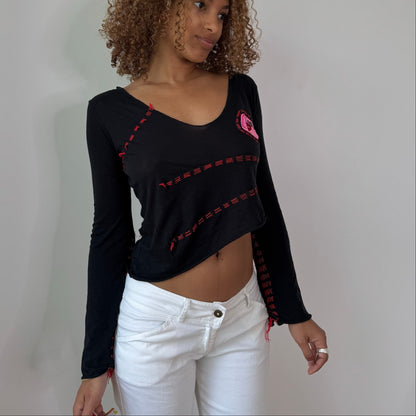 Vintage Black Red Custo Barcelona Bell Sleeve Slinky Top Graphic Patch Y2K (S/M)