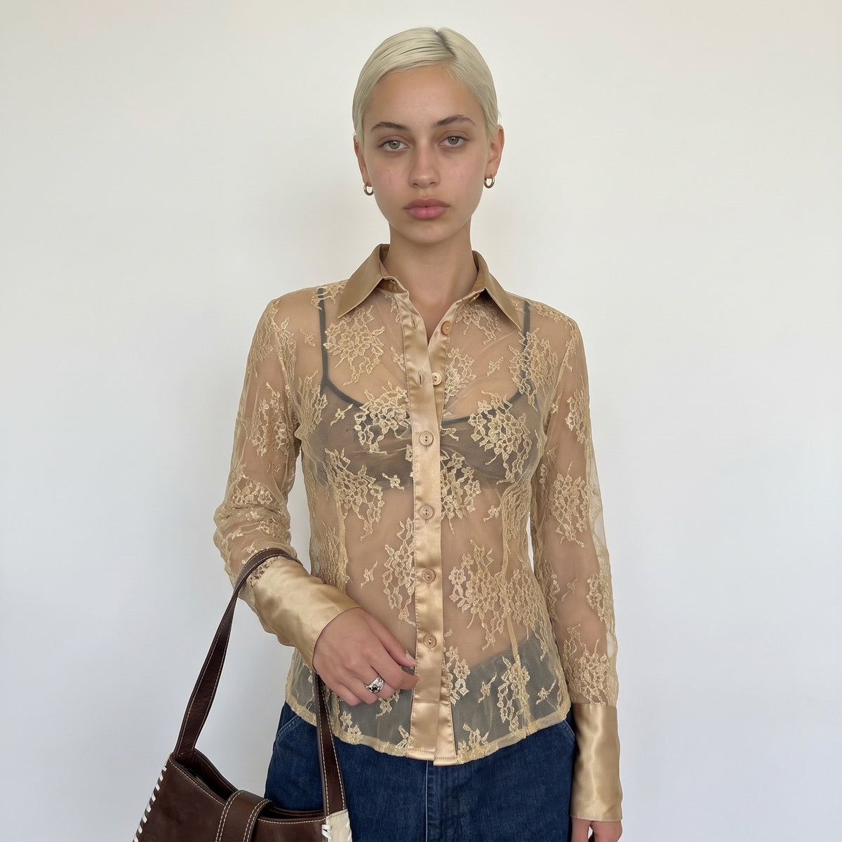 Vintage Euro Beige Floral Lace Mesh Button Up Blouse Y2K (S)