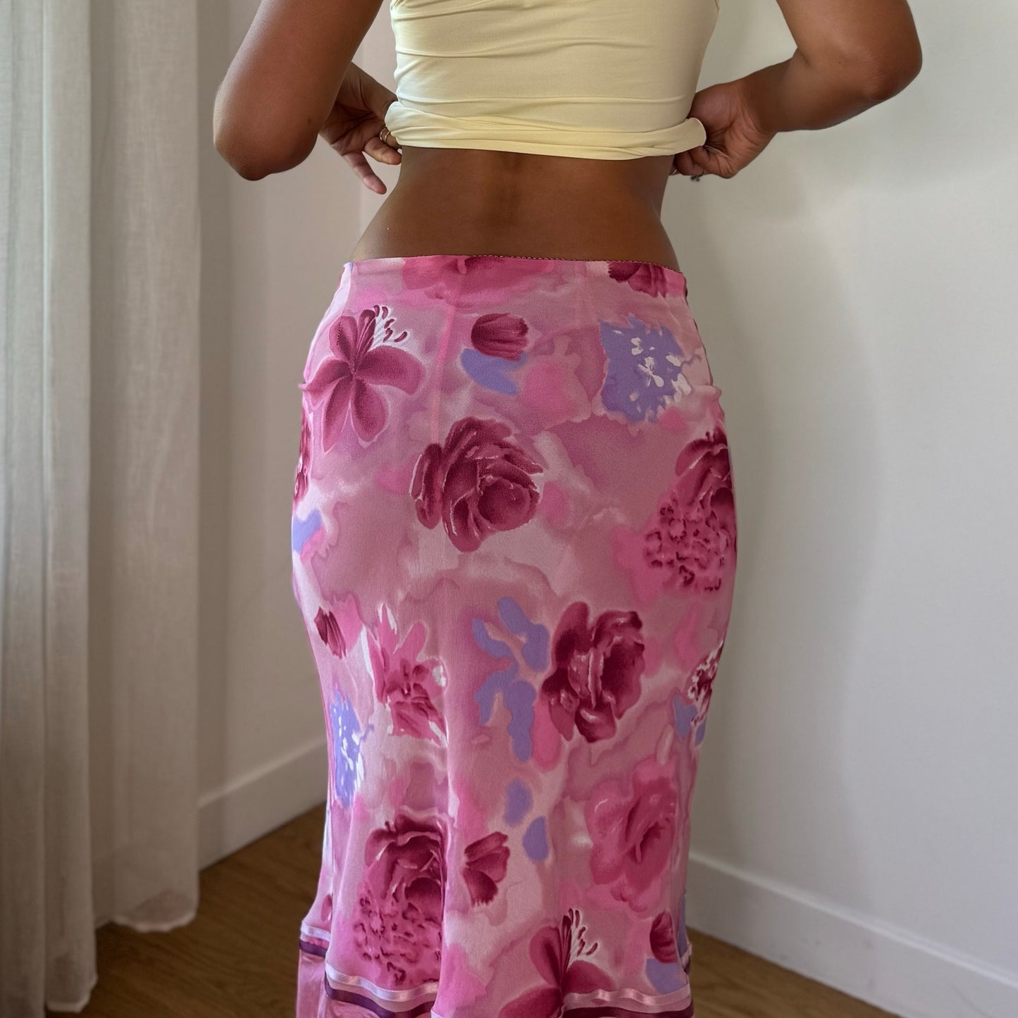 Vintage Pink Purple Floral Satin Midi Skirt Italian Y2K (S)
