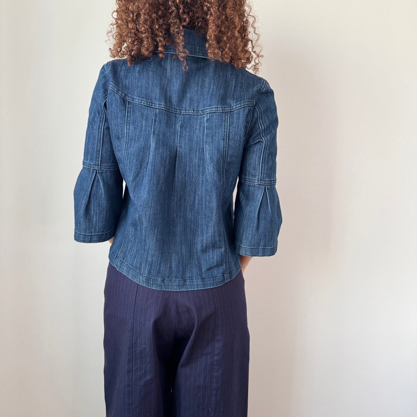 Vintage Blue Denim Cropped Jacket Bell Sleeve Cotton Y2K (S)