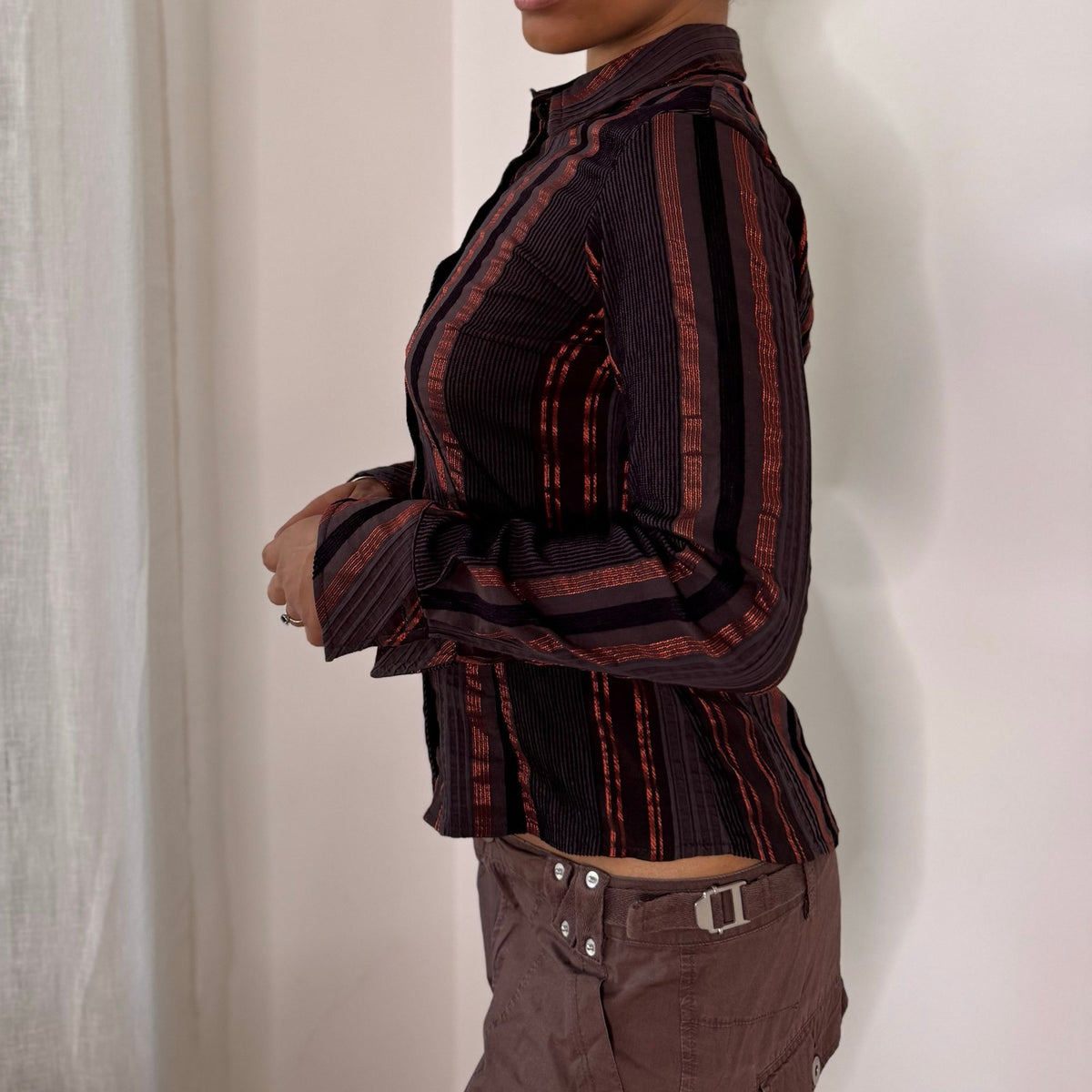 Italian Vintage Brown Orange Striped Fitted Button Up Shirt