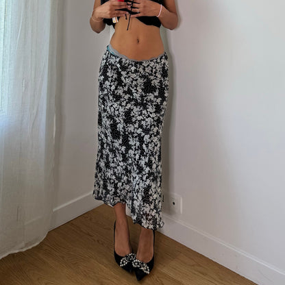 Vintage Black White Floral & Polka Dot Mesh Midi Skirt Italian Y2K (S)