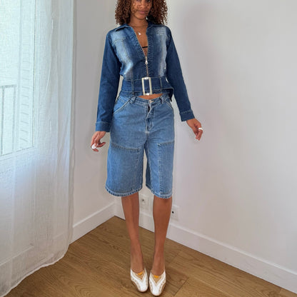 Vintage Italian Denim Belted Zip Jacket (S)