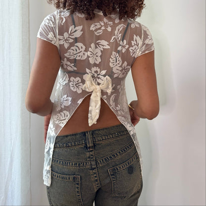 Vintage Italian White Floral Mesh Top Lace Hem Bow Back Y2K (S)
