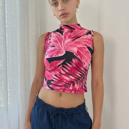 Vintage Black Pink Tropical Print Slinky Mock Neck Top Y2K Euro (S/M)