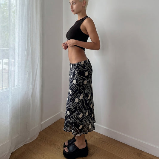 Vintage Italian Black Swirl Mesh Midi Skirt Y2K Sheer Layered Skirt (S)